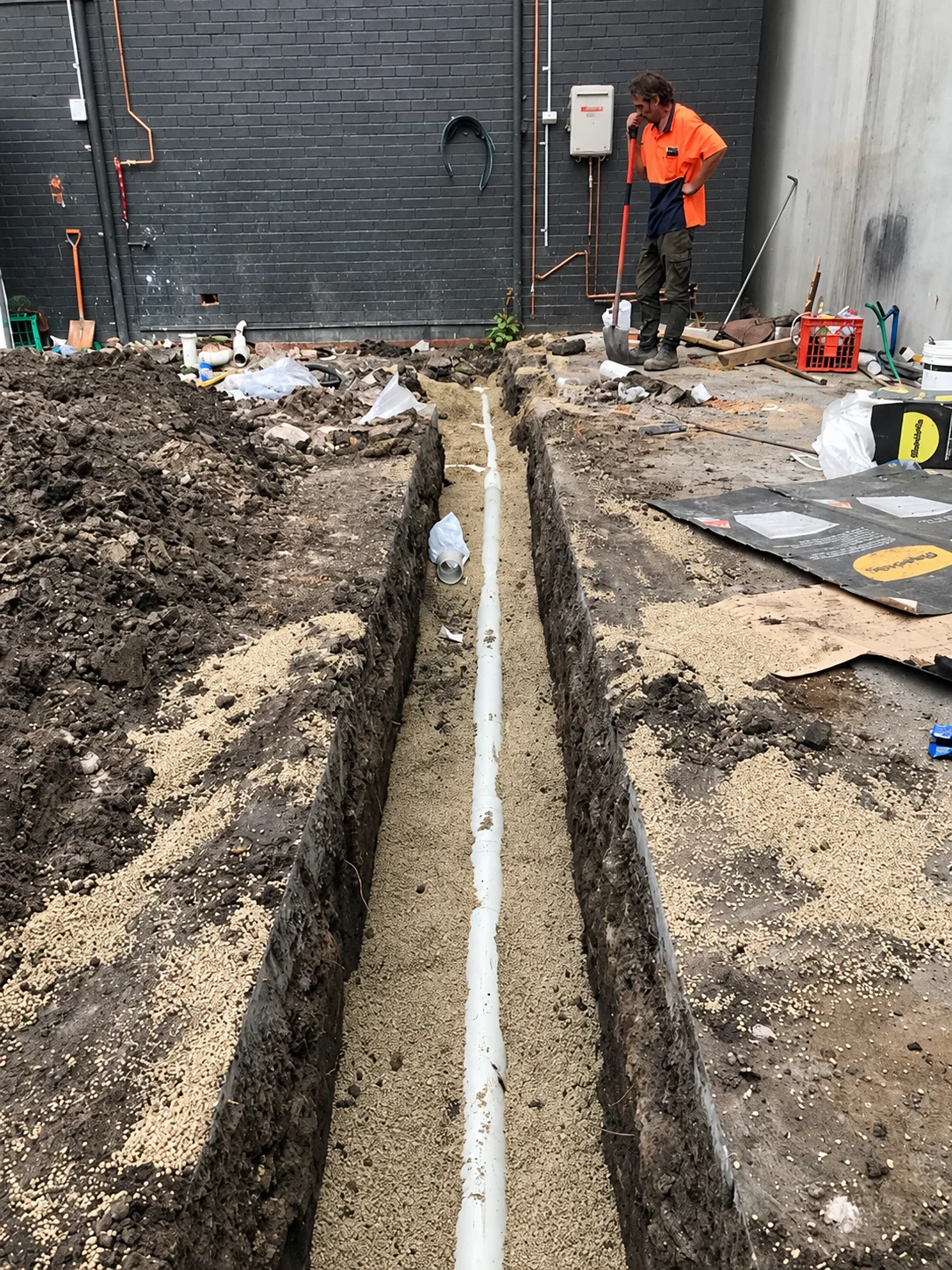 Open trench prepared for drainage pipework.